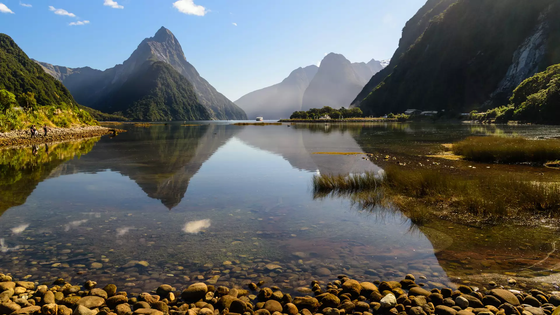 Milford Sound calm water reflecting mountainous landscape with rocky shore under blue sky. Main Image