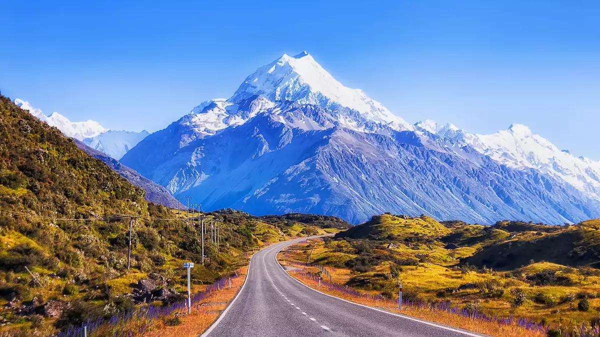 A Long curing road leading up to Mt Cook with snow on the top and green verges  Main Image