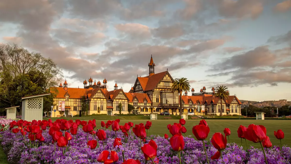 The historic Tudor-style Rotorua Museum building stands behind a vibrant flower bed of red tulips and purple blossoms under a soft sunset sky. Main Image