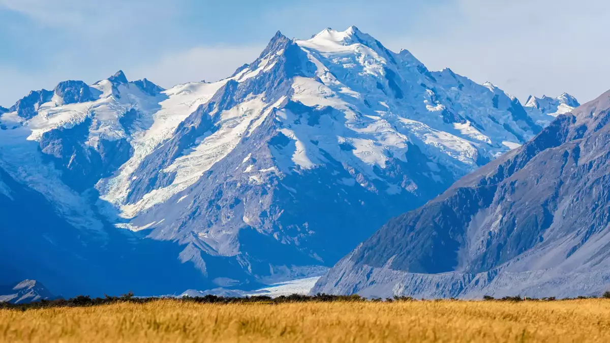 Snow-covered Aoraki Mount Cook mountain with a golden field and blue sky. Main Image