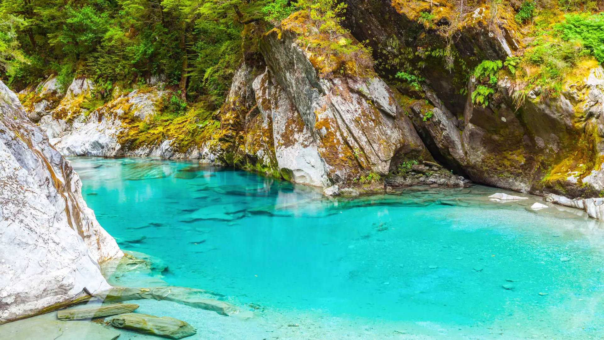 Crystal clear blue water flowing through forested rocky river with moss-covered cliffs. Main Image