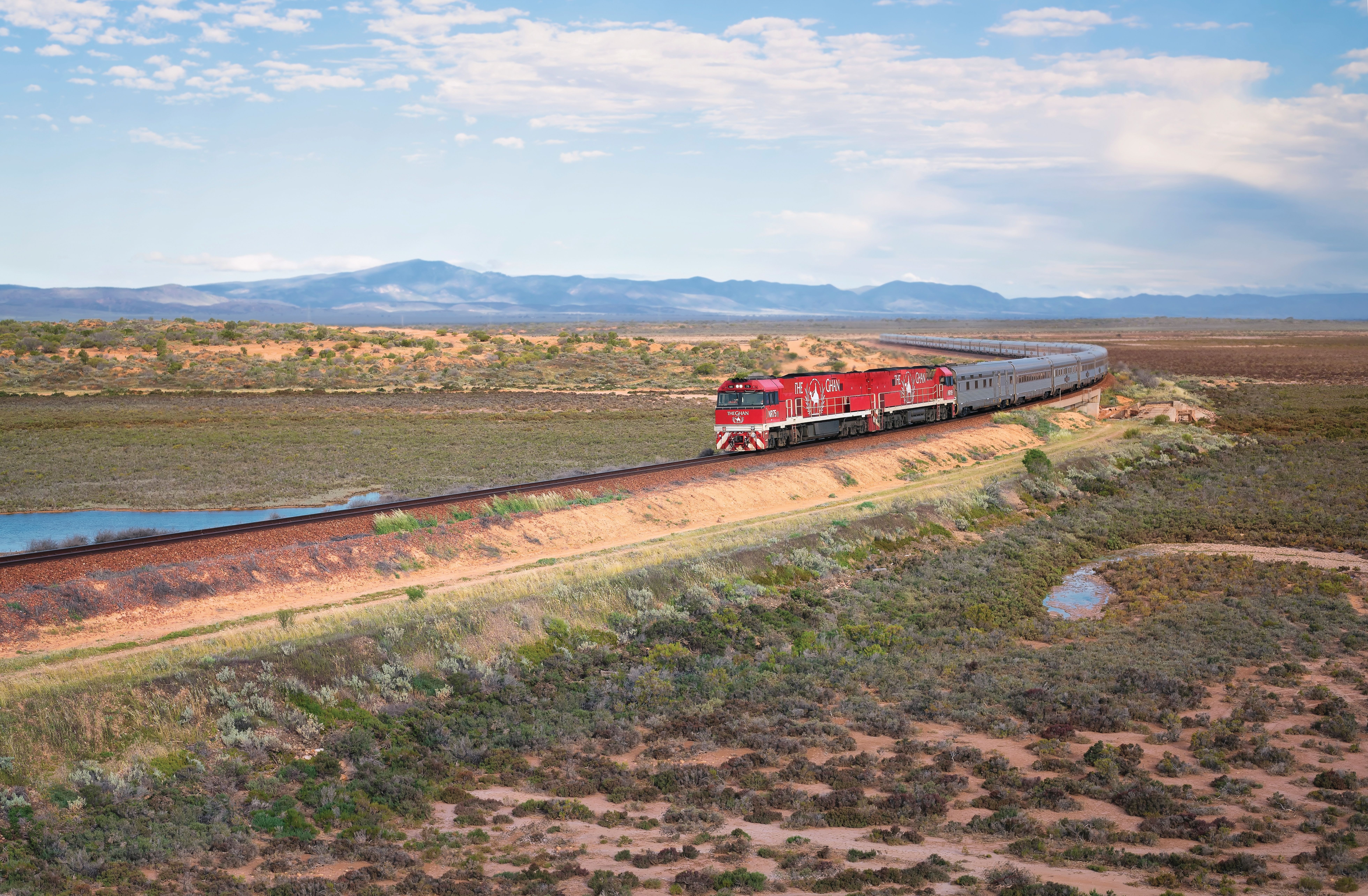 The Ghan Expedition train travelling through the Australian Outback