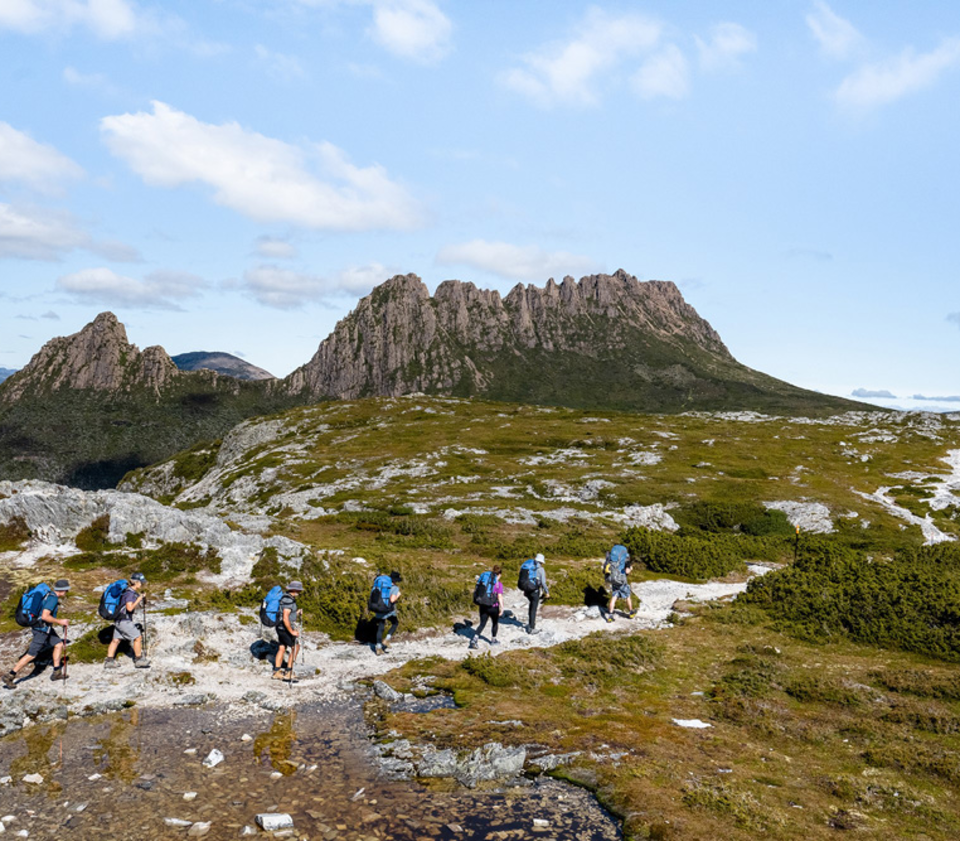 A line of hikers on a rocky mountain path facing the peaks of Cradle Mountain in Tasmania.