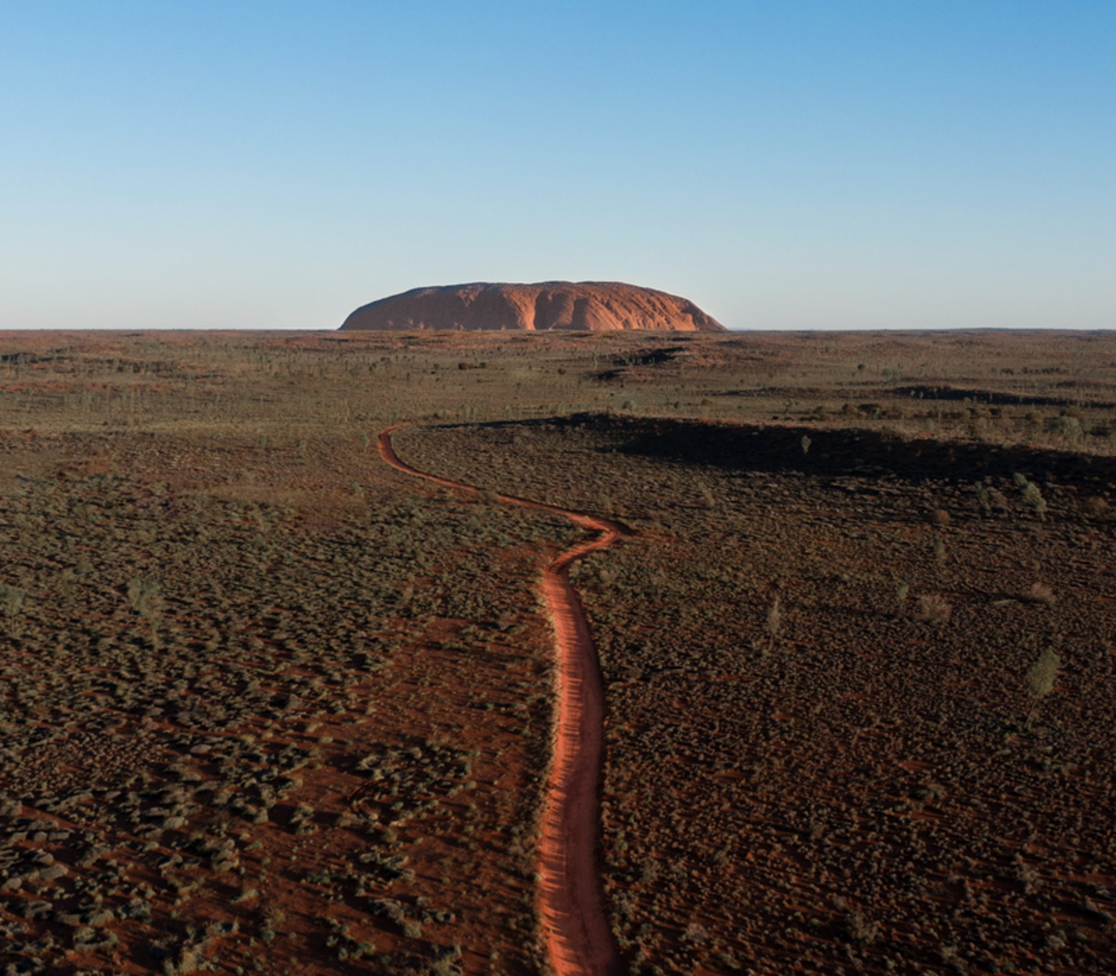 A high-angle drone shot captures a single orange-red track curving through a sea of green and brown desert bushes with Uluru on the horizon.