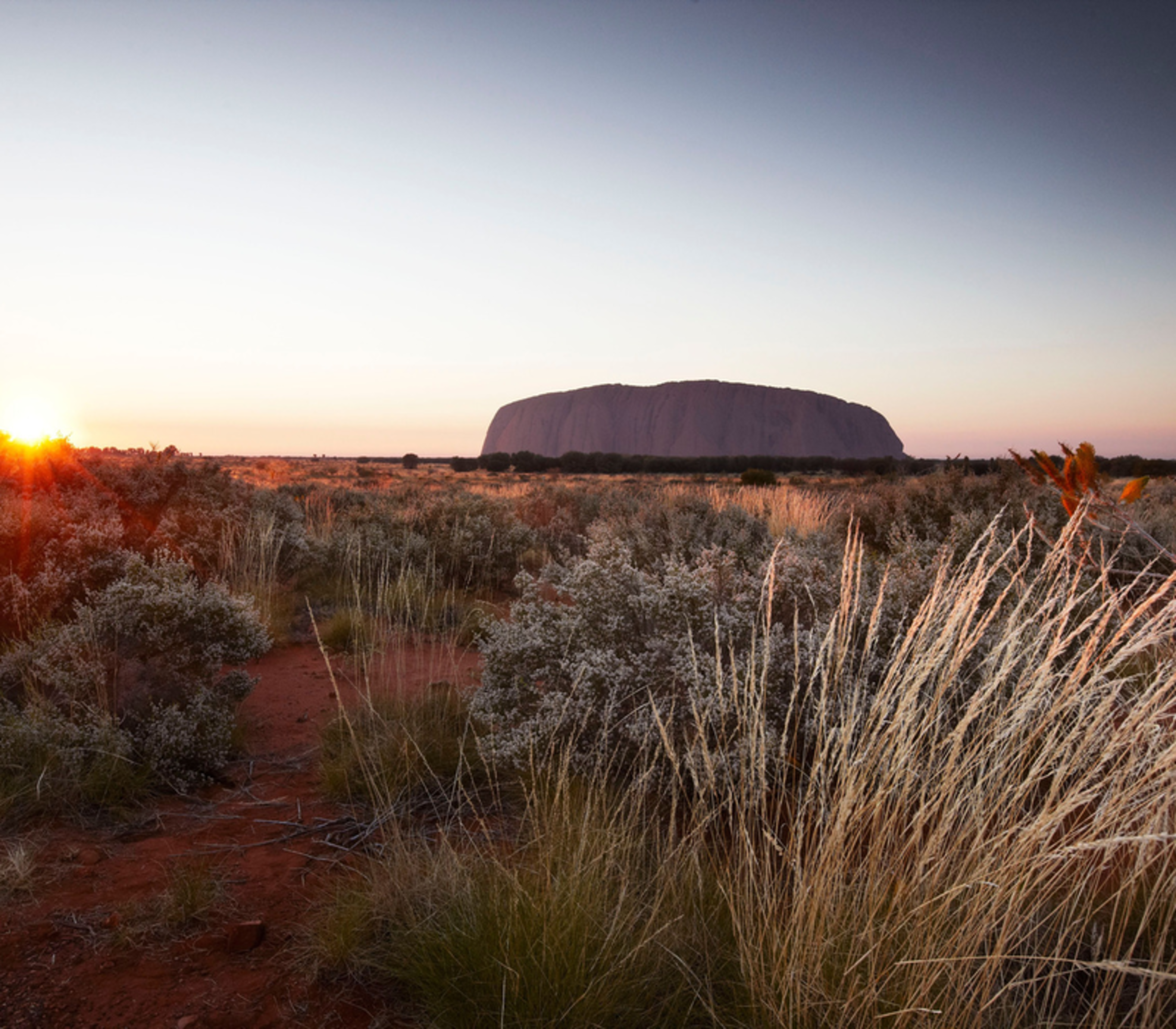 Vibrant sunrise over the red desert landscape with the silhouette of Uluru on the horizon.