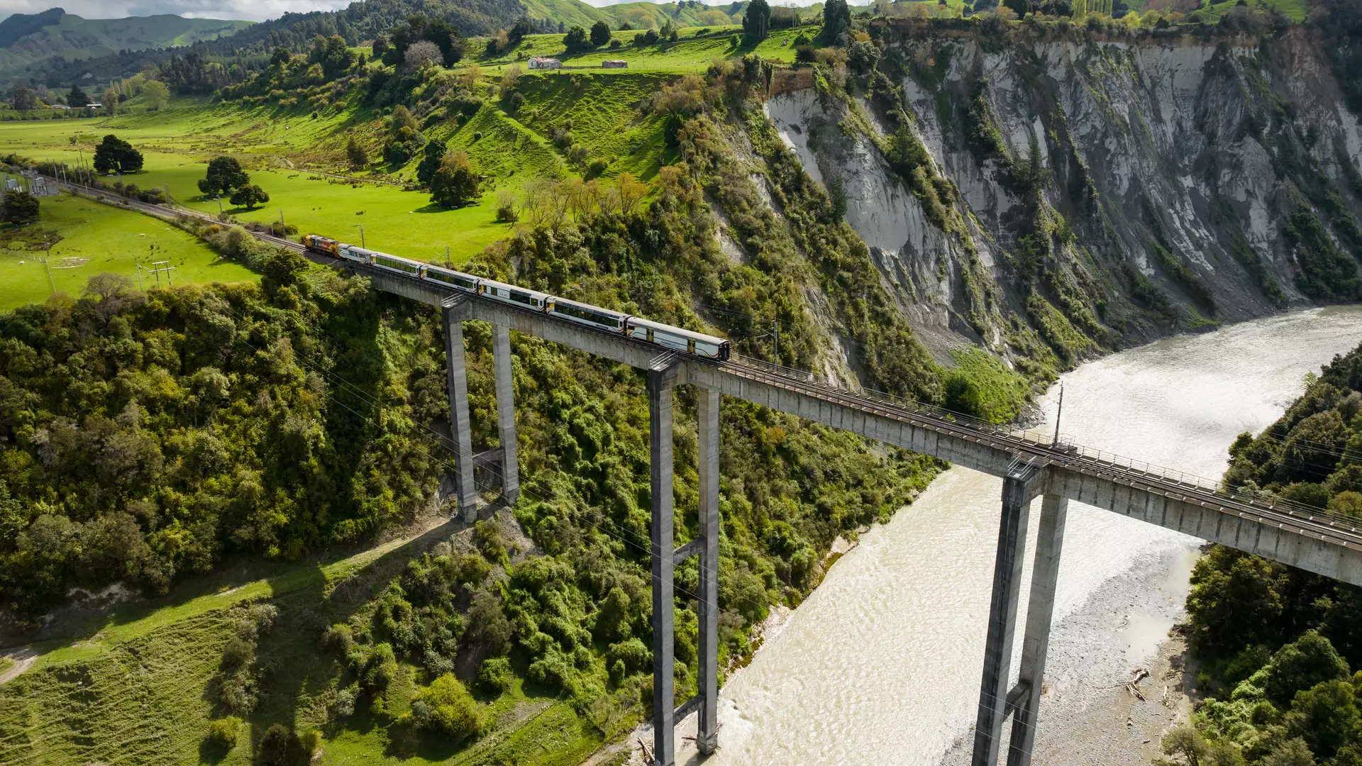 Train traveling across a high viaduct over a river surrounded by green hills and forested cliffs. Credit: Kiwi Rail Main Image